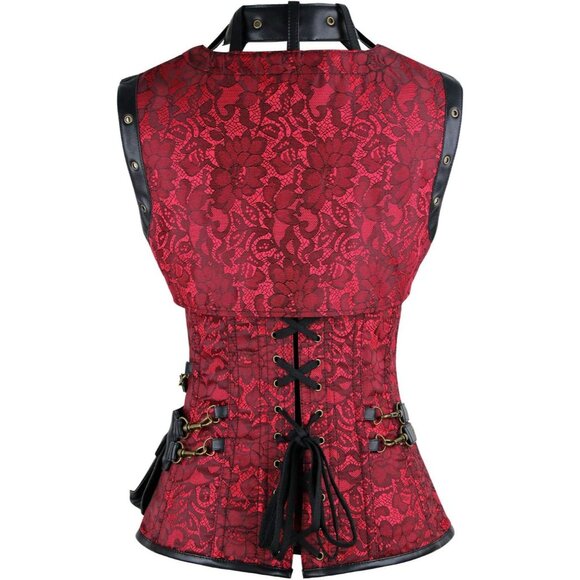 Women First Red Steampunk Vintage Spiral Steel Boned Corset Bustier - Picture 3 of 7